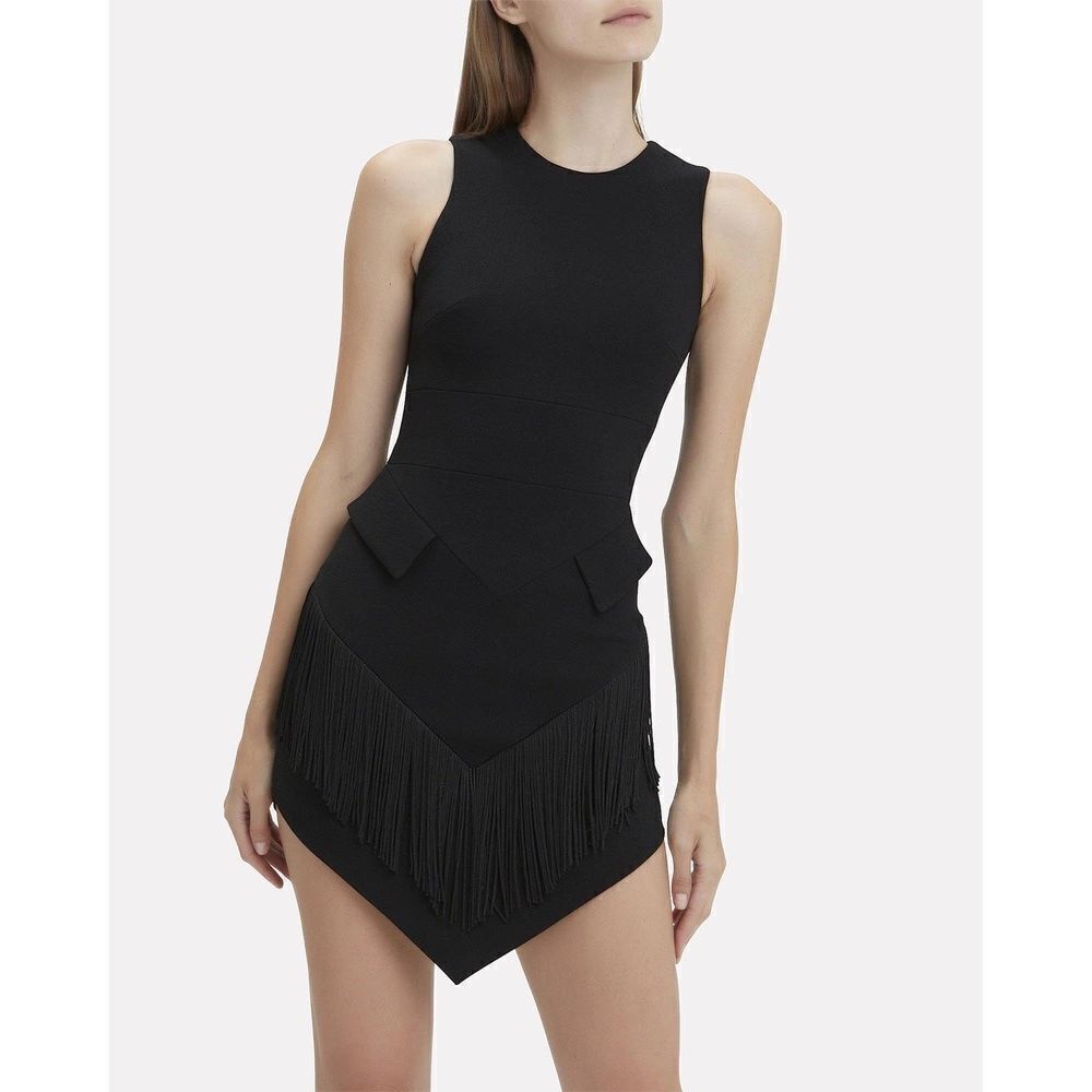 David Koma Black Fringe Trim Triangle Sleeveless Mini Cocktail Dress Size 6 - Picture 2 of 16